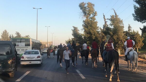 Сирийцы на автомобилях и лошадях едут в выставочный городок на южной окраине Дамаска, где открылась 59-я Международная промышленная выставка. 19 августа 2017