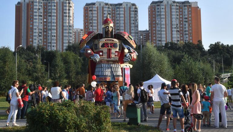 Отдыхающие на международном фестивале фейерверков Ростех в Братеевском каскадном парке в Москве. 19 августа 2017