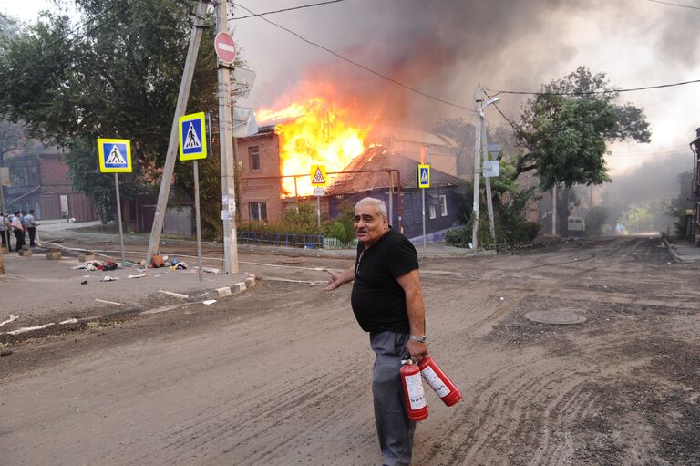 Пожар в Ростове-на-Дону в районе Театрального спуска