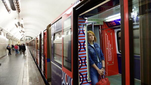 Пассажир в вагоне тематического поезда метро Москва-870, запущенного в честь 870-летнего юбилея Москвы. 24 августа 2017