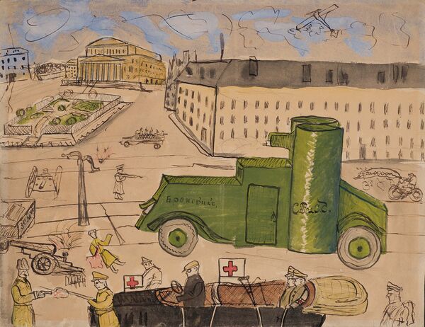 Детский рисунок Бой на Театральной площади. 1917 год