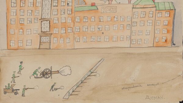 Детский рисунок Обстреливание юнкеров большевиками. 1917 год