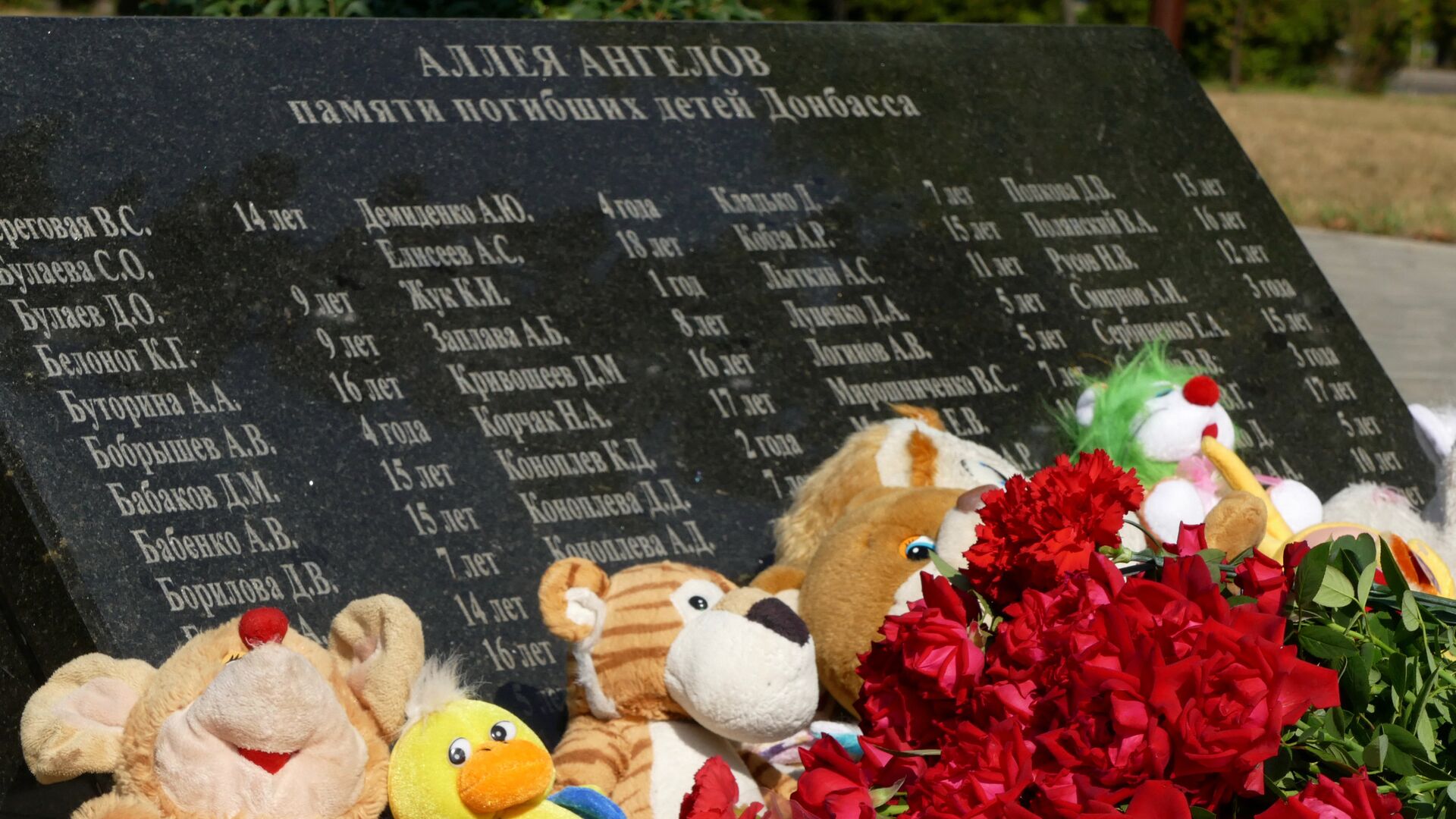 Цветы и игрушки, возложенные к памятнику Аллея Ангелов в Донецке  - РИА Новости, 1920, 04.03.2022