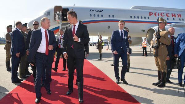 Владимир Путин и министр внешних экономических связей иностранных дел Венгрии Петер Сийярто во время встречи в аэропорту Будапешта.  28 августа 2017