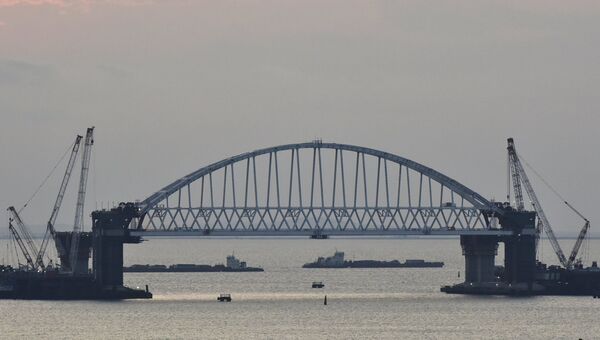Железнодорожная арка строящегося моста через Керченский пролив, поднятая до проектной высоты. Архивное фото