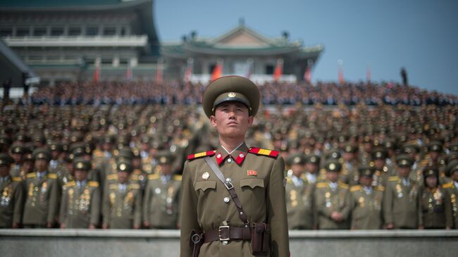 Военнослужащий во время военного парада, приуроченного к 105-й годовщине со дня рождения основателя северокорейского государства Ким Ир Сена, в Пхеньяне. Архивное фото