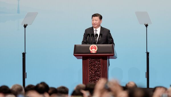 Президент Китая Си Цзиньпин выступает на открытии саммита БРИКС в Китае. 3 сентября 2017