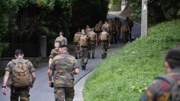 Бельгийские военнослужащие направляются в лес на поиски тела пилота, выпавшего из военного вертолета во время показательных выступлений. 3 сентября 2017