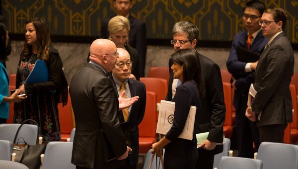 Постоянные представители России, Китая, Франции и США при ООН после экстренного заседания Совбеза. 4 сентября 2017