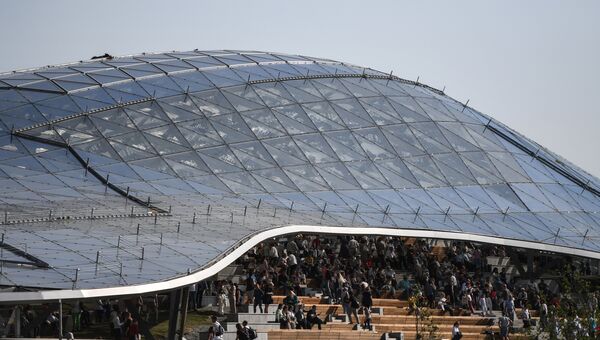 Стеклянный купол летнего амфитеатра в парке Зарядье в Москве