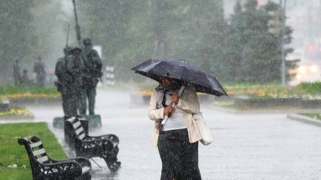 Женщина идет по Фрунзенской набережной в Москве во время дождя. Архивное фото