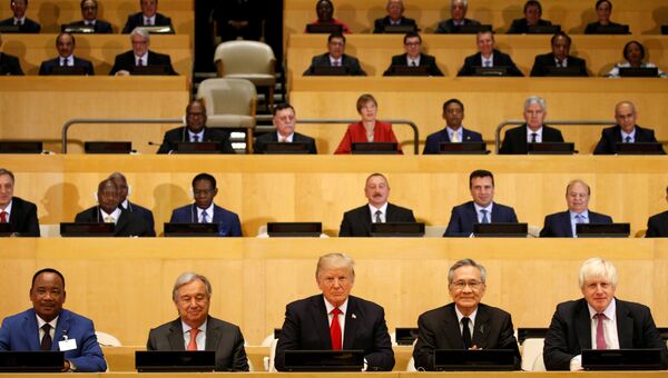 Президент США Дональд Трамп принимает участи в заседании о реформе ООН в штаб-квартире организации в Нью-Йорке, США. 18 сентября 2017