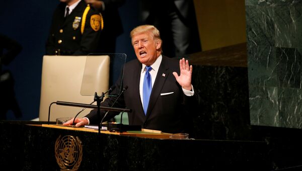 Президент США Дональд Трамп выступает на 72-й сессии Генеральной ассамблеи ООН, Нью-Йорк. 19 сентября 2017