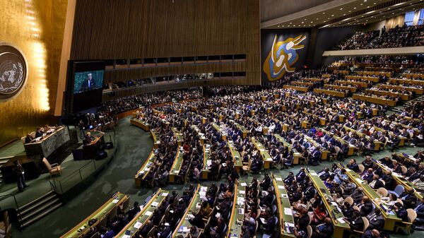 Президент США Дональд Трамп выступает на заседании Генеральной Ассамблеи ООН в Нью-Йорке. 19 сентября 2017 