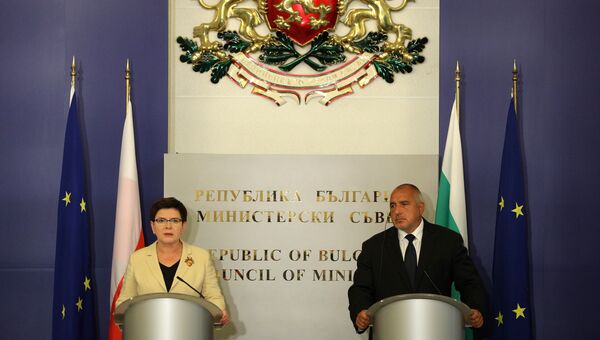 Премьер-министры Болгарии и Польши Бойко Борисов и Беата Шидло во время пресс-коференции в Софии. 20 сентября 2017