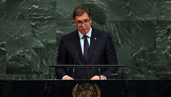 Президент Сербии Александр Вучич во время выступления на Генеральной ассамблее ООН. 21 сентября 2017