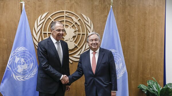 Глава МИД РФ Сергей Лавров на встрече с Генеральным секретарем ООН Антониу Гутеррешем