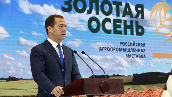 Дмитрий Медведев выступает на открытии агропромышленной выставки Золотая осень – 2017. 4 октября 2017