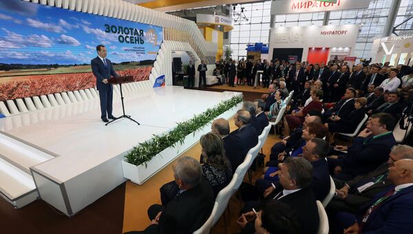 Дмитрий Медведев выступает на открытии агропромышленной выставки Золотая осень – 2017. 4 октября 2017
