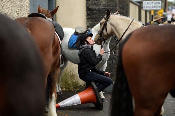 Мальчик целует свою лошадь во время ежегодной ярмарки в Баллинасло, Ирландия