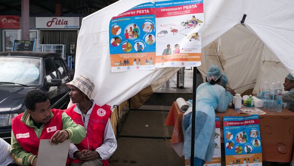 Доктора и медсестры минздрава Мадагаскара и Мадагаскарского красного креста в проверочном медицинском пункте по профилактике чумы, расположенном в одном из транспортных узлов Антананариву. 5 сентября 2017