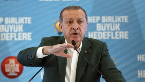Президент Турции Тайип Эрдоган выступает перед активистами правящей Партии справедливости и развития в городе Афьон. 7 октября 2017