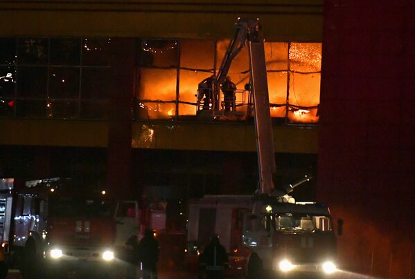 Сотрудники пожарной охраны МЧС РФ во время тушения пожара на строительном рынке Синдика, расположенном у МКАД в районе Строгино. 8 октября 2017