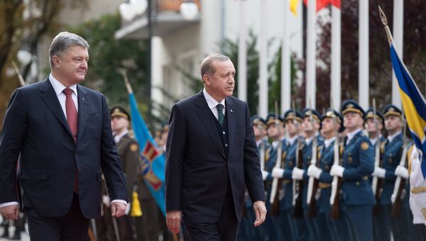 Президент Турции Реджеп Тайип Эрдоган и Петр Порошенко во время церемонии официальной встречи в Киеве. 9 октября 2017