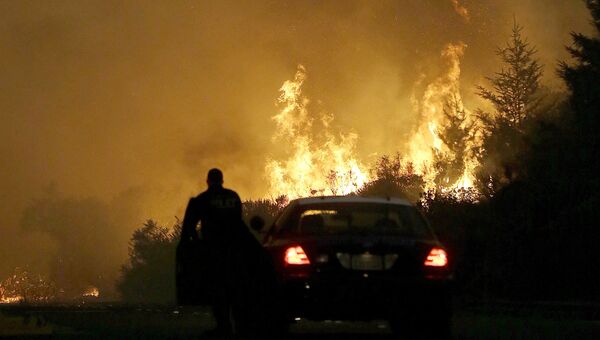 Сотрудник правоохранительных органов блокирует дорогу во время пожара в Санта-Розе, Калифорния, США. Архивное фото