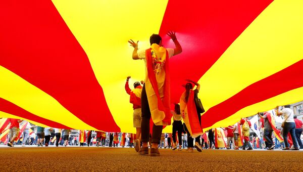 Люди проходят под каталонским флагом во время Национального дня Испании в Барселоне. 12 октября 2017