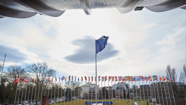 Флаг ЕС перед зданием штаб-квартиры Совета Европы в Страсбурге, Франция. Архивное фото