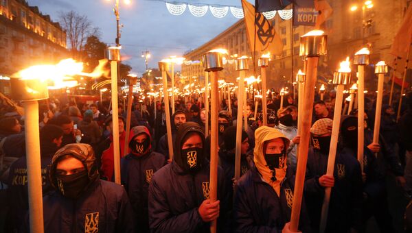 Марш по случаю 75-й годовщины создания Украинской повстанческой армии* в Киеве, Украина. 14 октября 2017