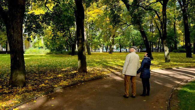 Пожилая пара гуляет в парке. Архивное фото