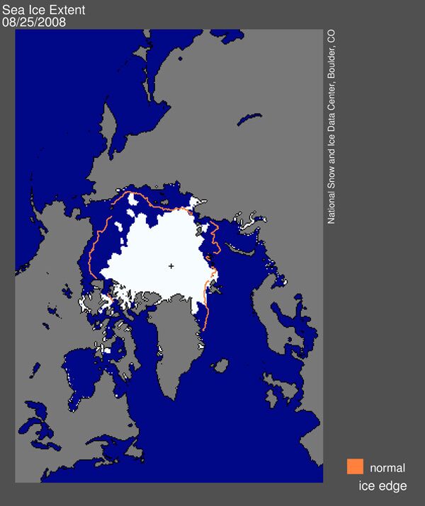 Арктические льды по данным на 25 августа, оранжевая линия показывает среднюю границу льдов на эту дату