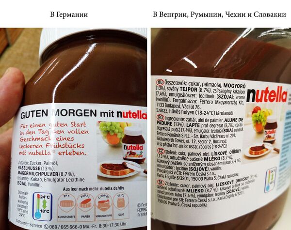 Судя по этикетке, состав шоколадно-ореховой пасты Nutella, продающейся на Западе и Востоке Европы, абсолютно идентичен. Однако эксперты пришли к выводу, что западная паста более мягкой консистенции и легче намазывается, чем её восточная сестра. Судя по этикетке, состав шоколадно-ореховой пасты Nutella, продающейся на Западе и Востоке Европы, абсолютно идентичен. Однако эксперты пришли к выводу, что западная паста более мягкой консистенции и легче намазывается, чем её восточная сестра.