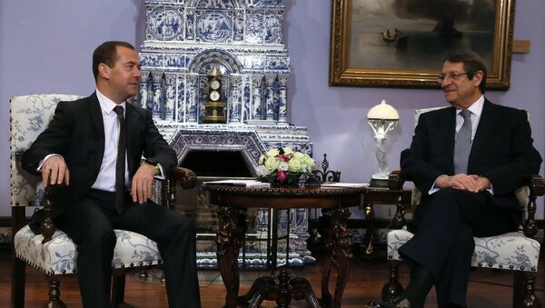 Председатель правительства РФ Дмитрий Медведев и президент Кипра Никос Анастасиадис во время встречи. 23 октября 2017