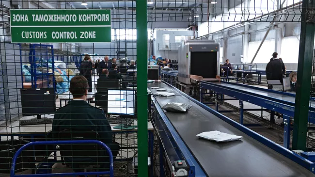 Сотрудник таможенной службы России во время обработки посылок. Архивное фото