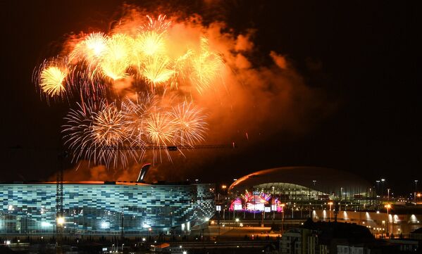 Праздничный салют над Олимпийским парком в честь закрытия XIX Всемирного фестиваля молодёжи и студентов в Сочи