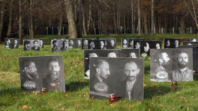 Фотографии людей, жертв политических репрессий, на Бутовском полигоне в Москве