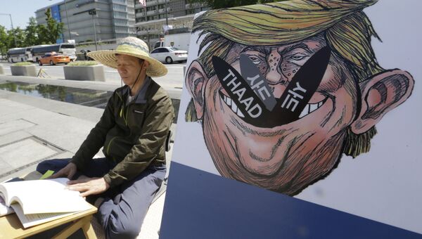 Участник акции протеста против развертывания системы ПВО THAAD в Южной Корее