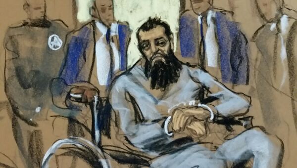 Подозреваемый в совершении теракта в Нью-Йорке Сейфулло Саипов на рисунке из зала суда. 1 ноября 2017