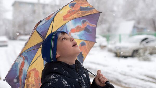 Мальчик с зонтом во время снегопада. Архивное фото