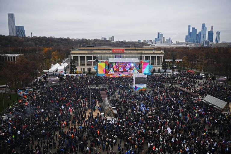 Посетители перед началом митинг-концерта Россия объединяет! на большой спортивной арене Лужники в Москве. 4 ноября 2017