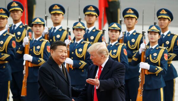 Председатель Китая Си Цзиньпин и президент США Дональд Трамп в Пекине