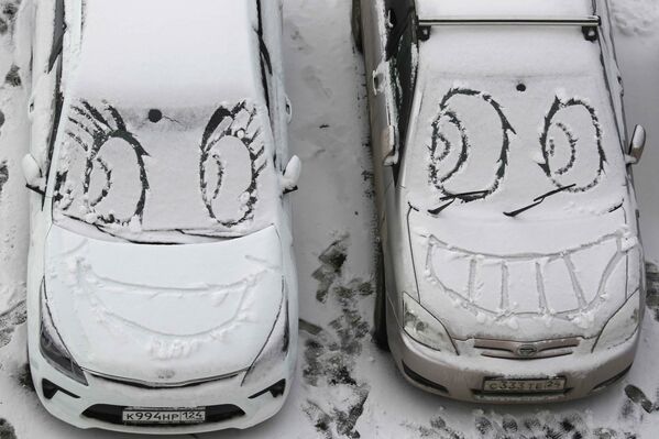 Рисунки на занесенных снегом автомобилях в Красноярске
