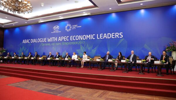 Президент РФ Владимир Путин на встрече лидеров экономик форума АТЭС с членами Делового консультативного совета саммита лидеров стран АТЭС во Вьетнаме. 10 ноября 2017