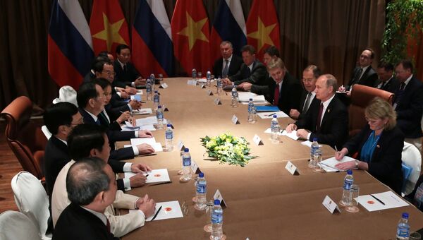 Президент РФ Владимир Путин во время встречи с президентом Вьетнама Чан Дай Куангом на саммите АТЭС. 10 ноября 2017