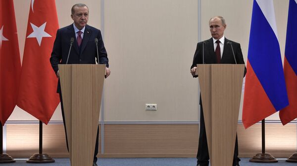 Президент РФ Владимир Путин и президент Турции Реджеп Тайип Эрдоган на пресс-конференции по итогам российско-турецких переговоров. 13 ноября 2017