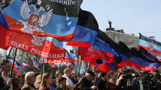 Участники митинга в честь годовщины провозглашения Донецкой народной республики