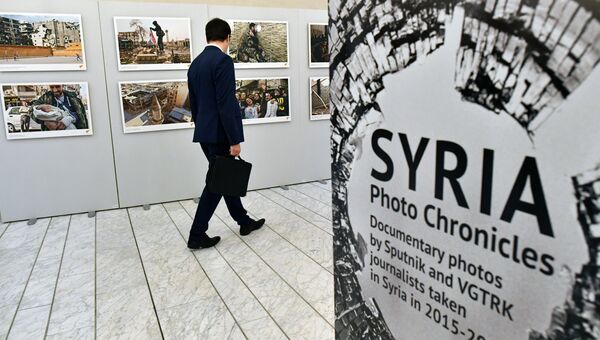 Посетитель на открытии выставки Сирия. Фотохроники войны в здании Европейского парламента в Страсбурге. 14 ноября 2017